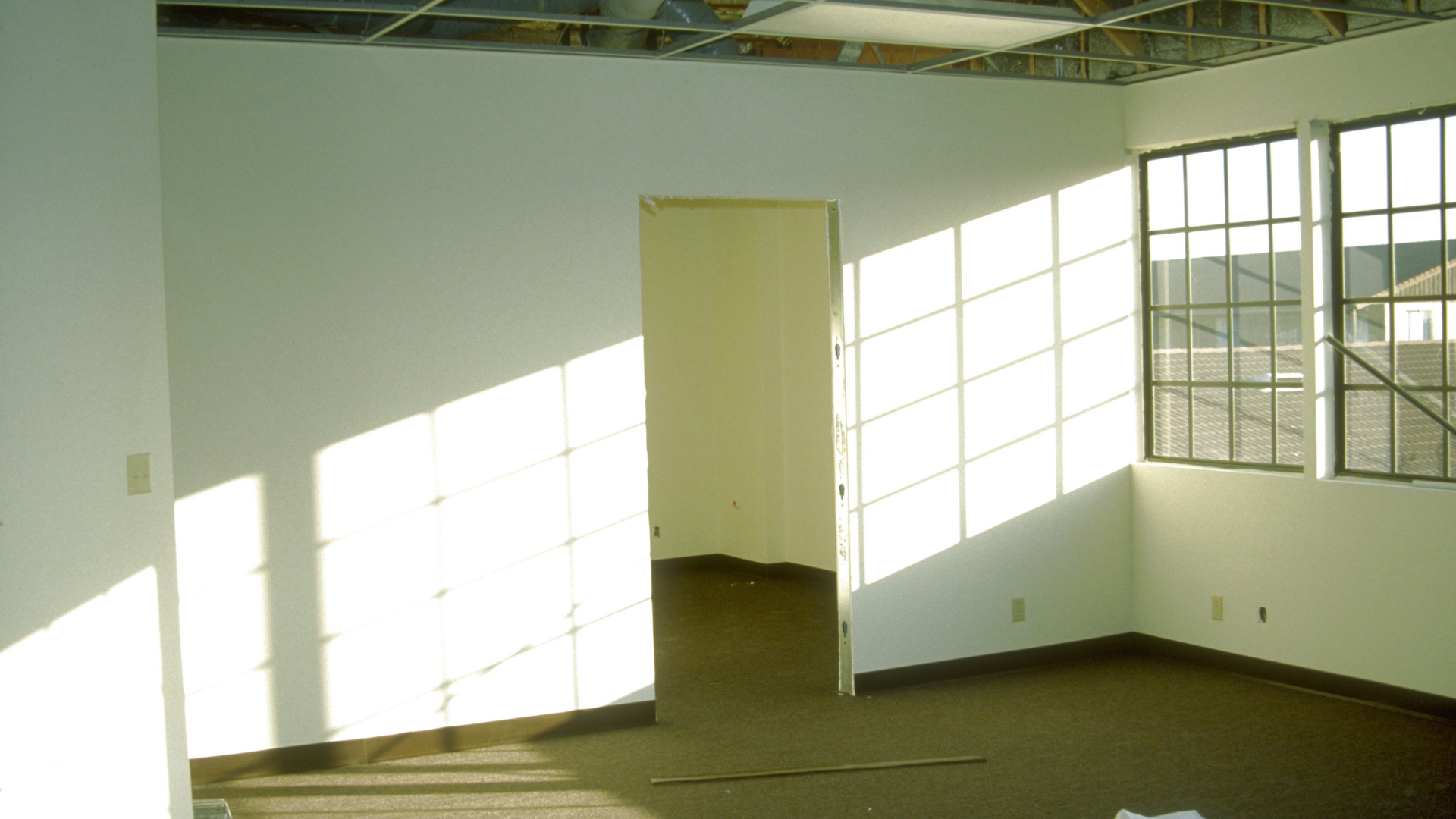 Empty office interior with sunlight streaming through window, illuminating white walls and brown carpet.