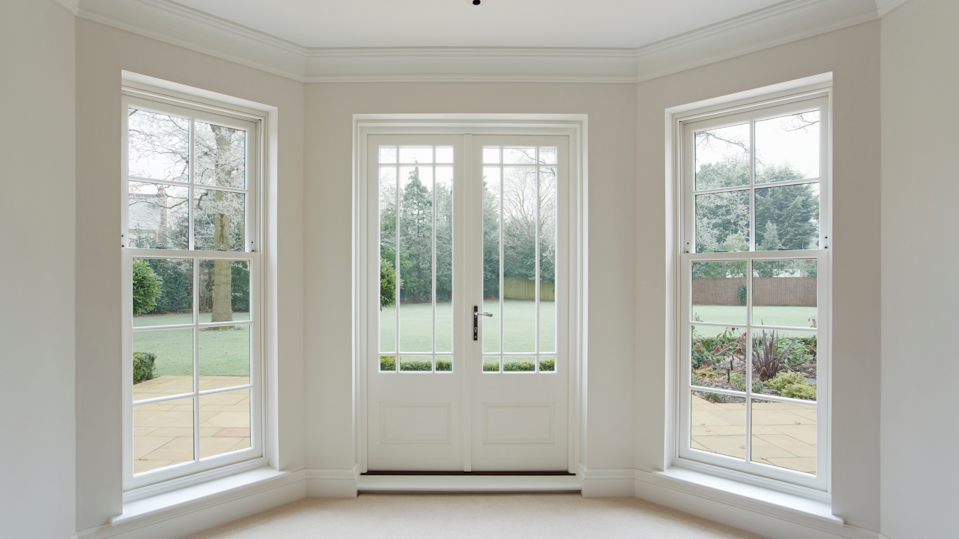 Bright white room with three tall windows and a double door overlooking a green yard.