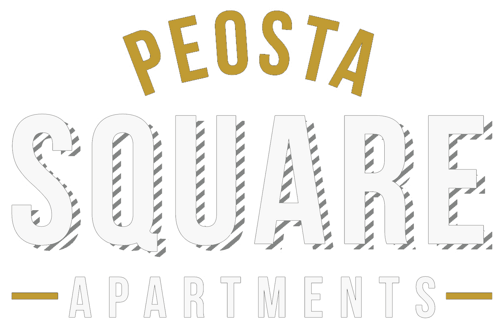 The logo for peosta square apartments is white and gold.