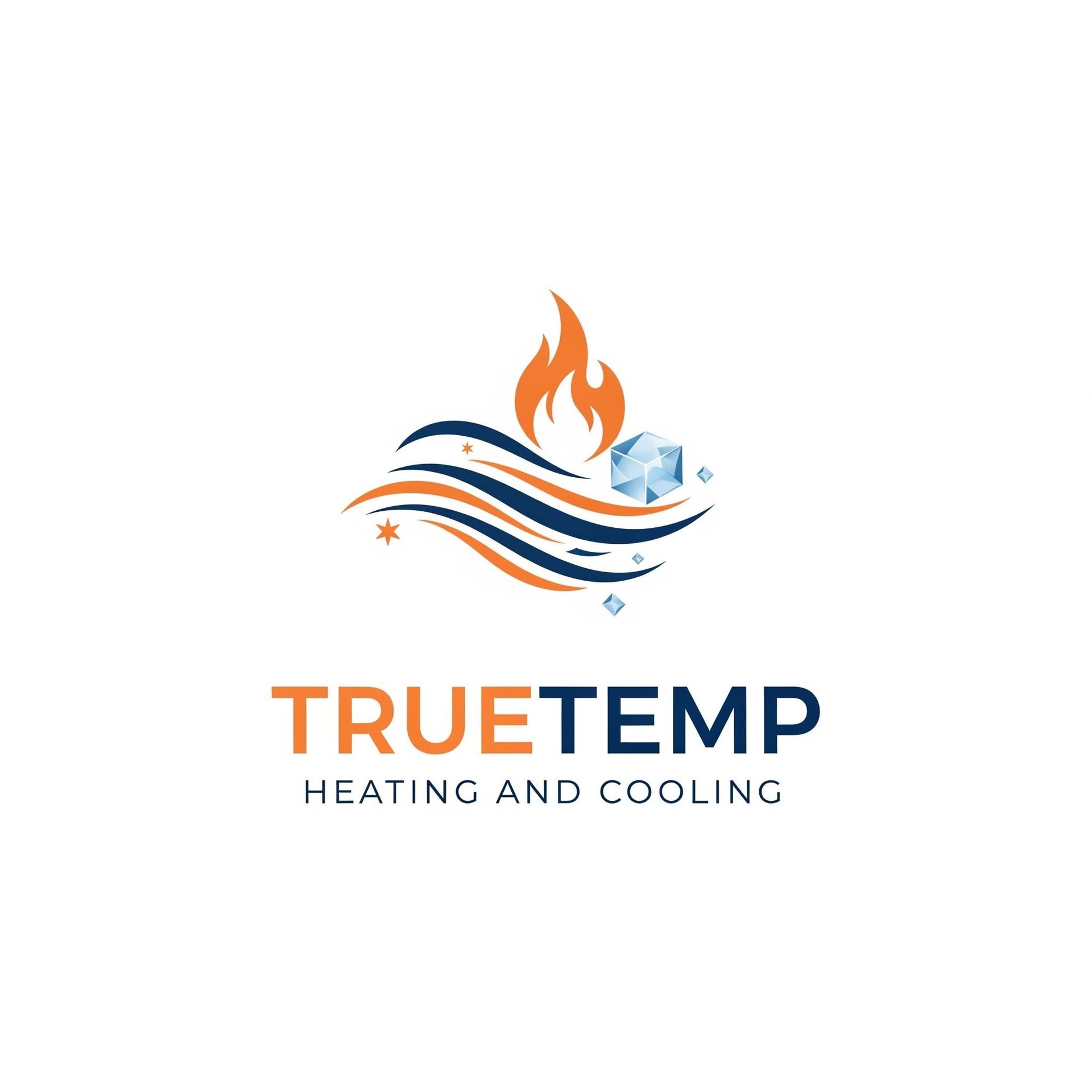 TRUE TEMP heating and cooling logo with orange flame and blue wave accents
