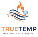 TRUETEMP Heating and Cooling logo with orange flame, blue waves, and ice cubes