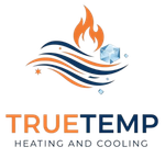 TRUETEMP Heating and Cooling logo with orange flame, blue waves, and ice cubes