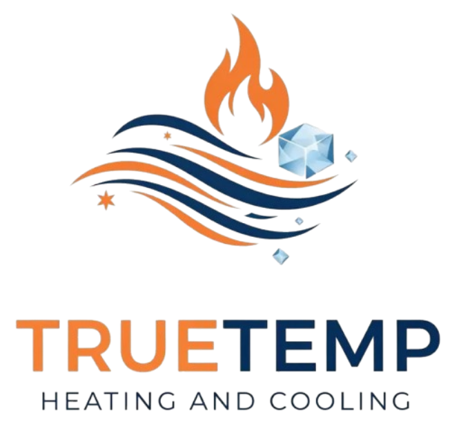 TRUETEMP Heating and Cooling logo with orange flame, blue waves, and ice cubes