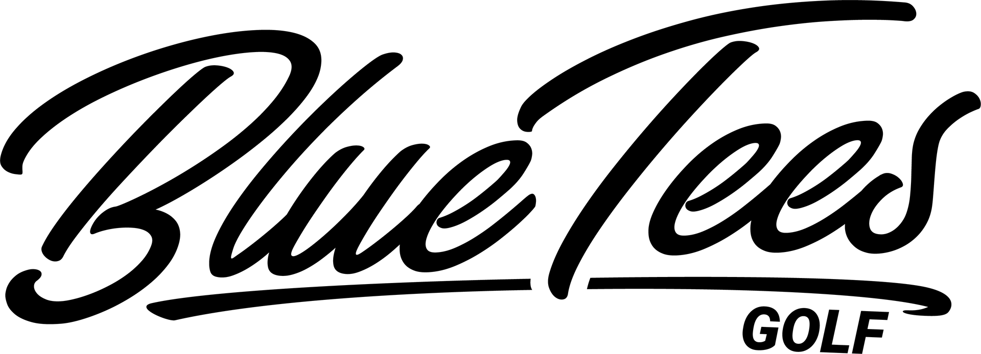 A black and white logo for blue tees golf on a white background.