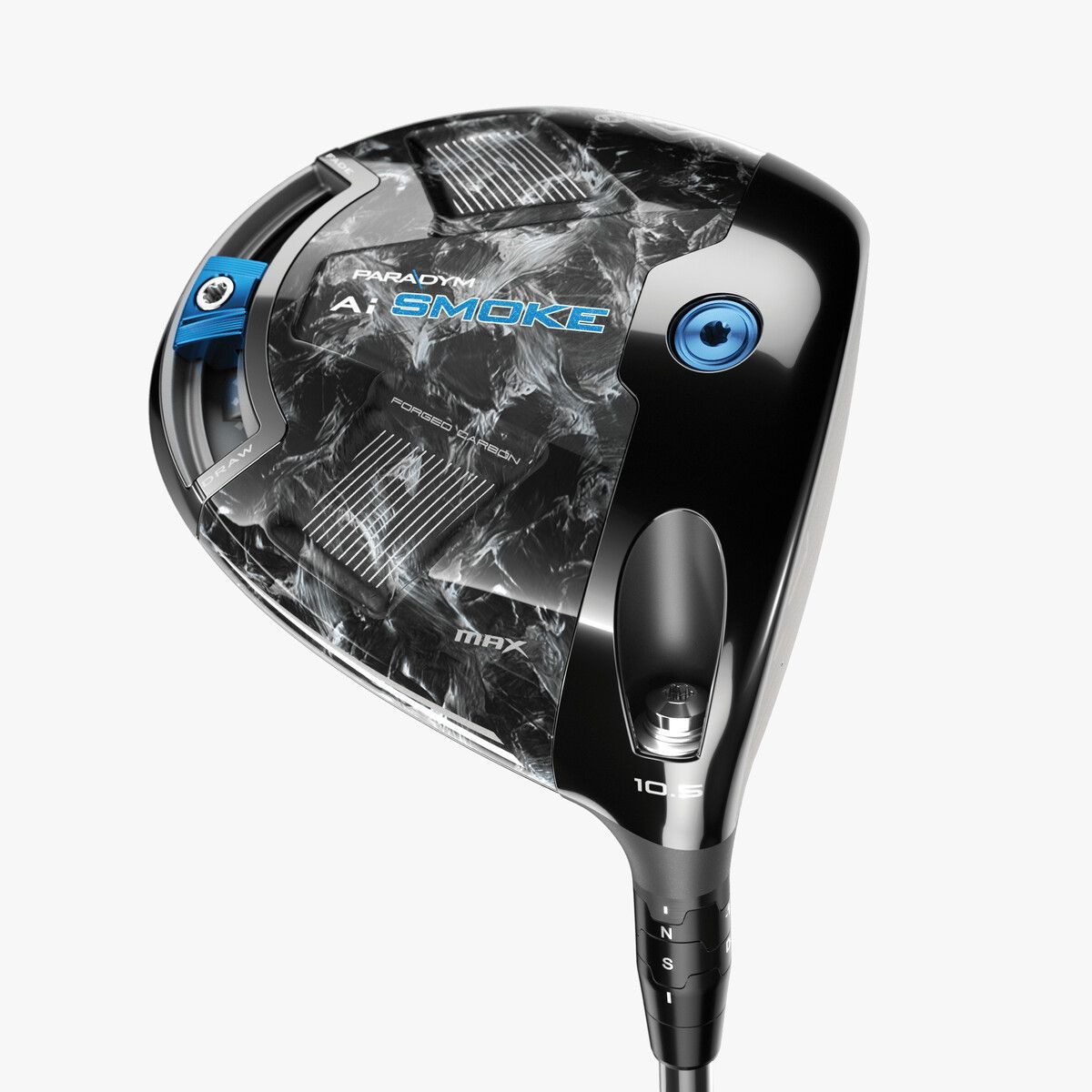 A close up of a golf club on a white background.