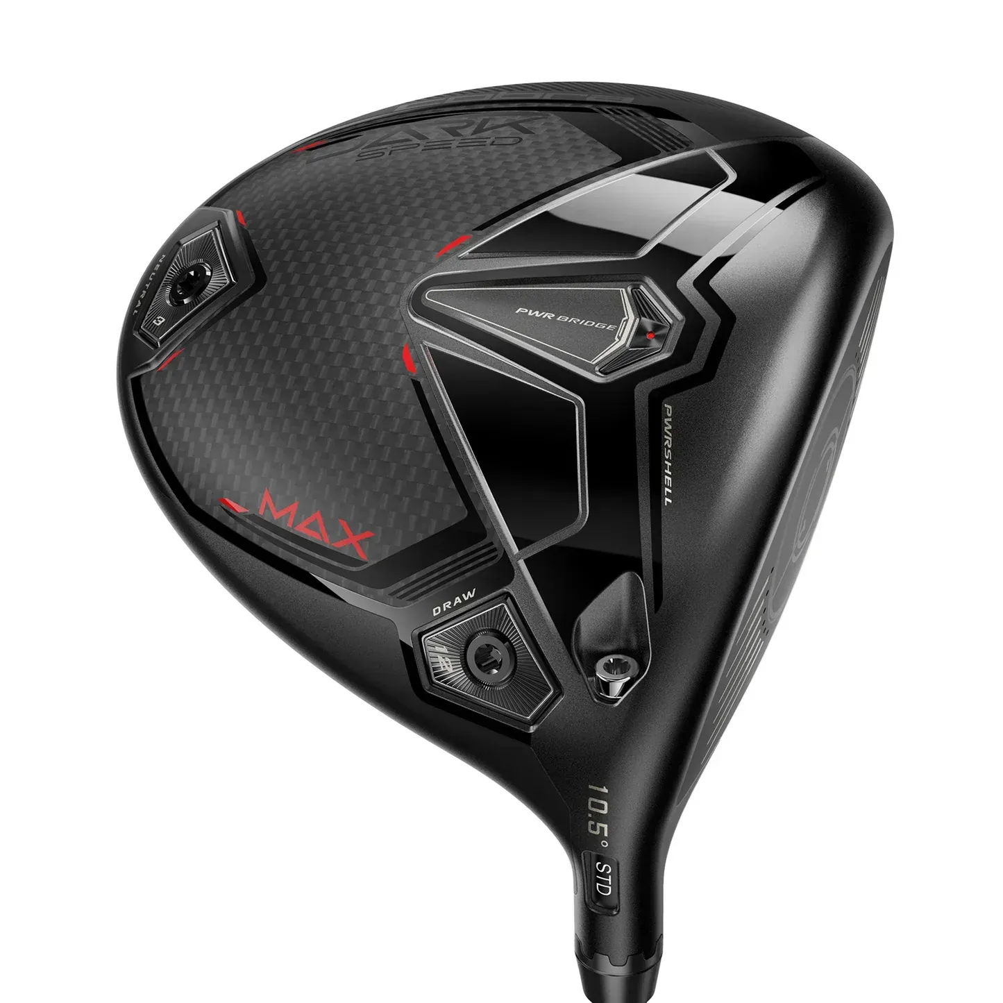 A close up of a golf club on a white background.