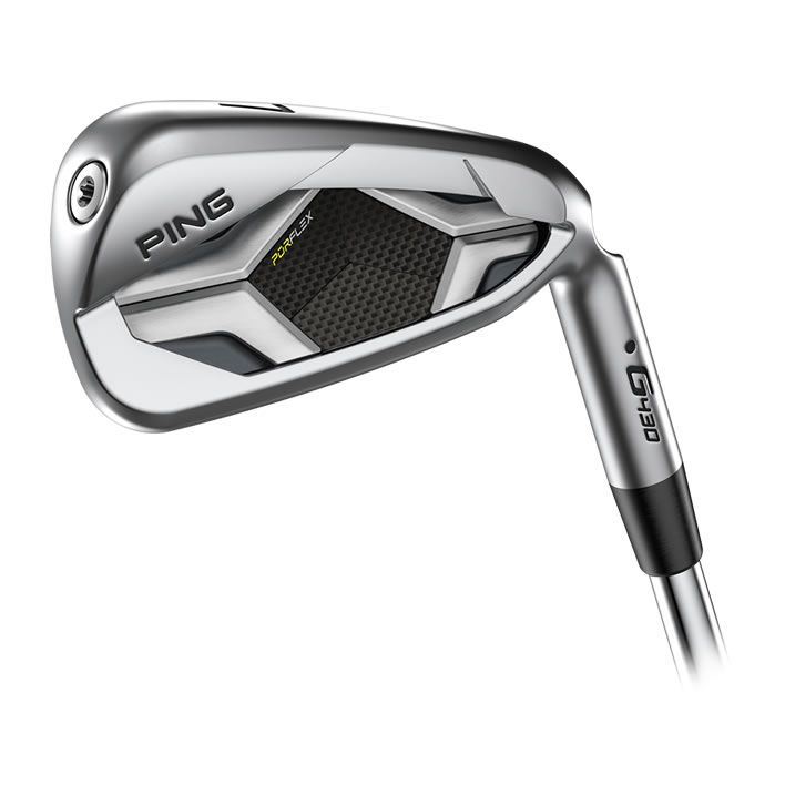 A close up of a ping iron on a white background