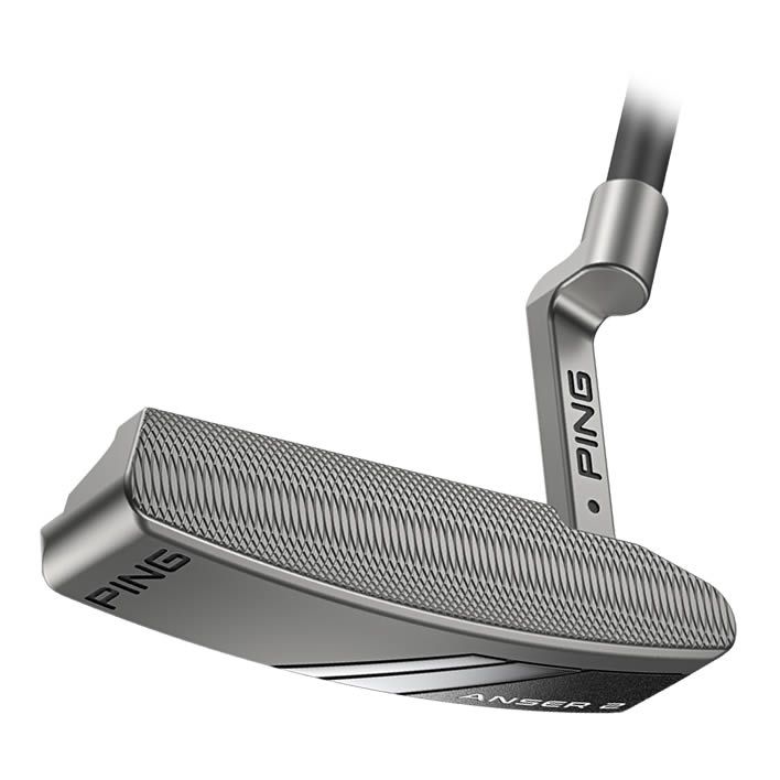 A close up of a ping putter on a white background