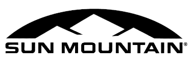 A black and white logo for sun mountain with a mountain in the background.