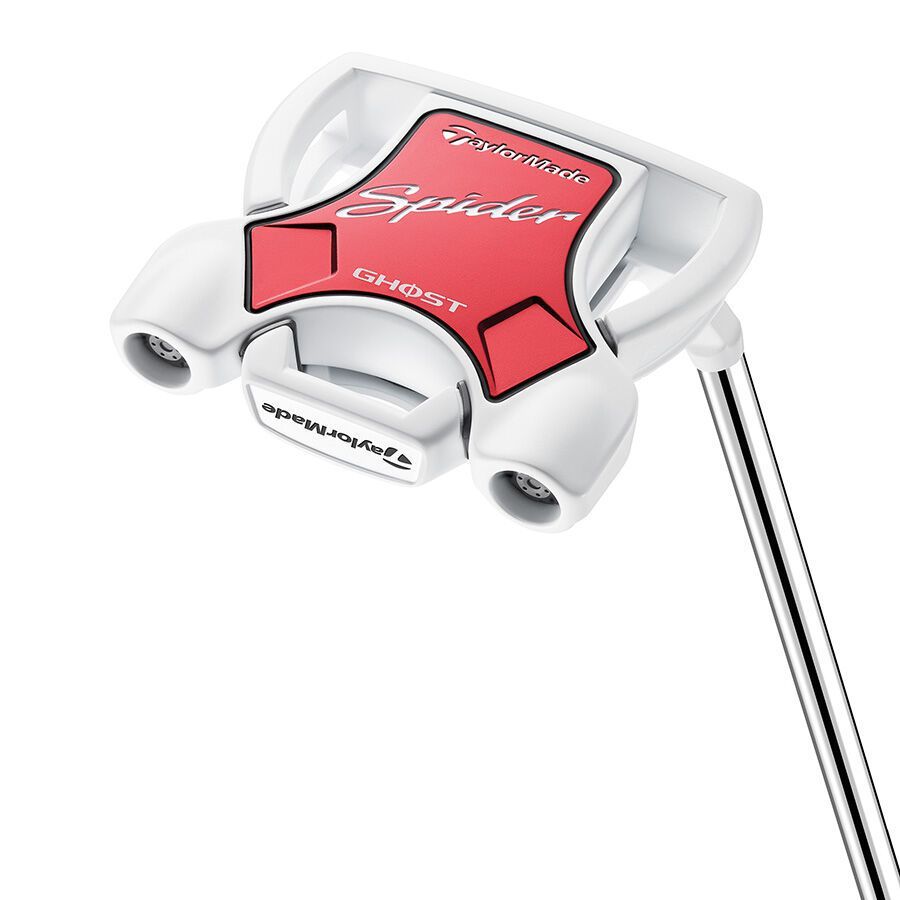 A white and red golf club with the word spider on it
