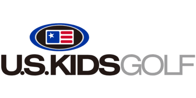A logo for us kids golf with a flag on it
