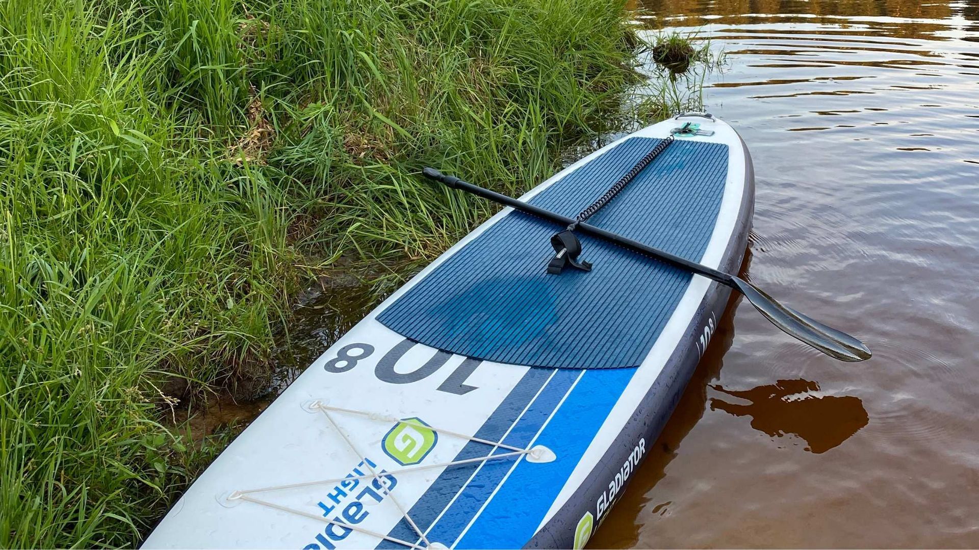 Blue paddleboard resting partly in brown water beside grassy riverbank at the edge of a lake