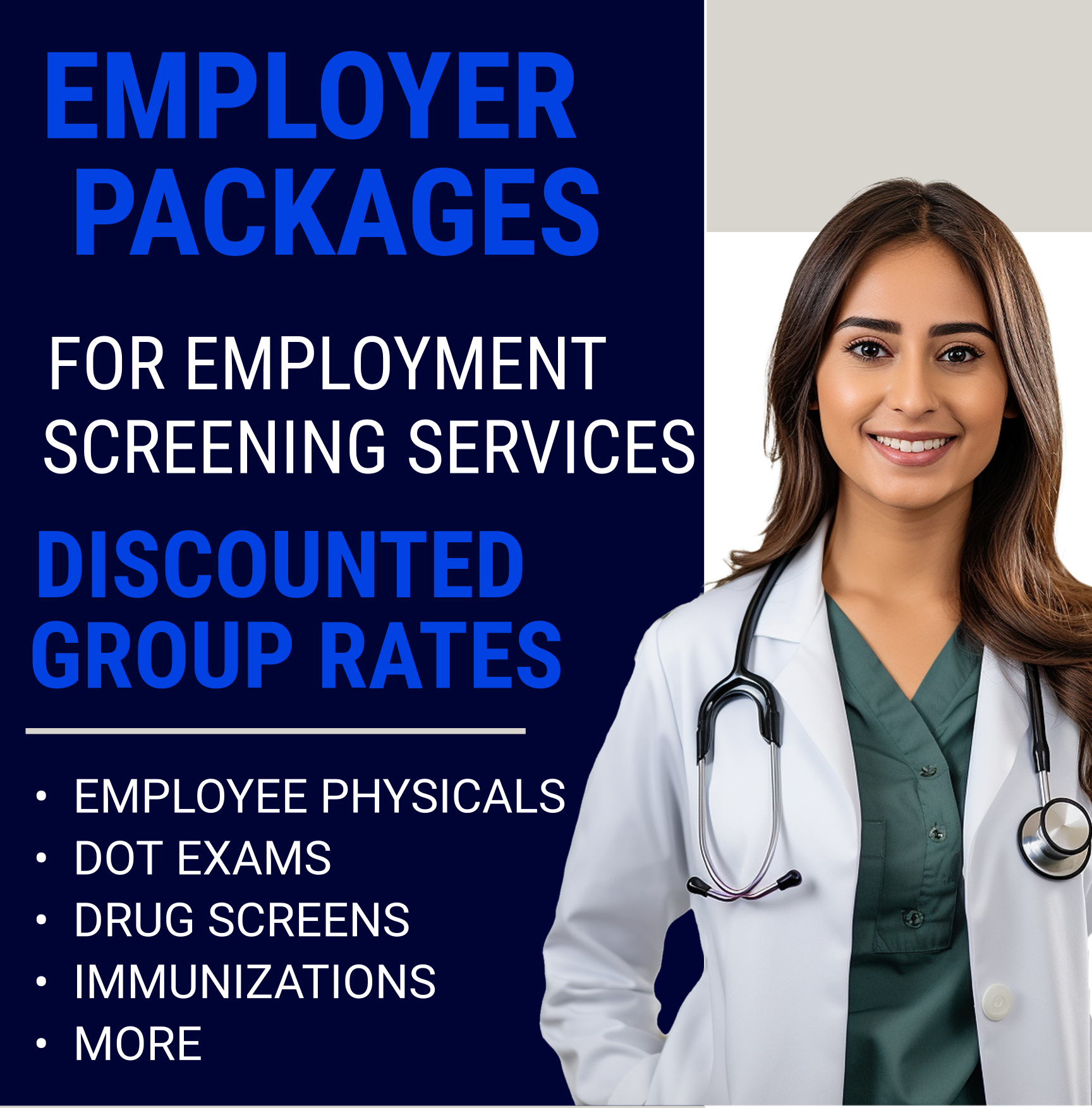 A medical professional in a white coat and stethoscope advertises discounted employer screening services.