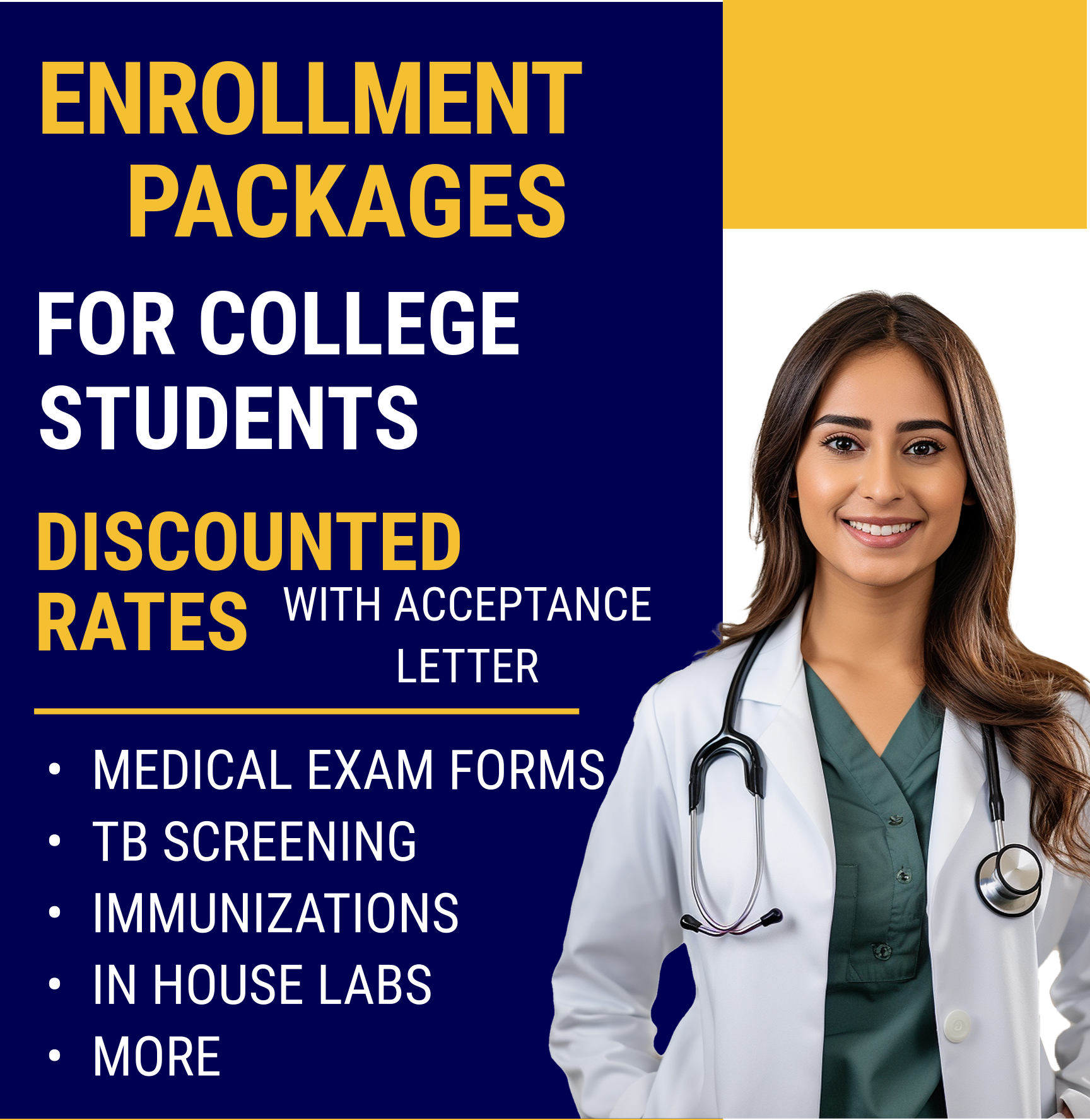 A flyer advertising discounted medical enrollment packages for students, featuring a healthcare provider with a stethoscope.