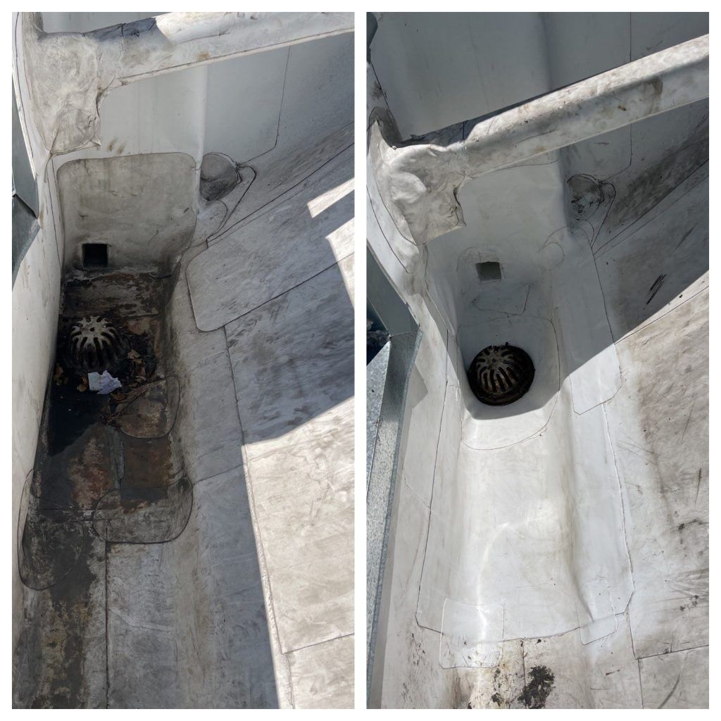 Two views of a concrete drain channel with standing water, debris, and a circular drain outlet.