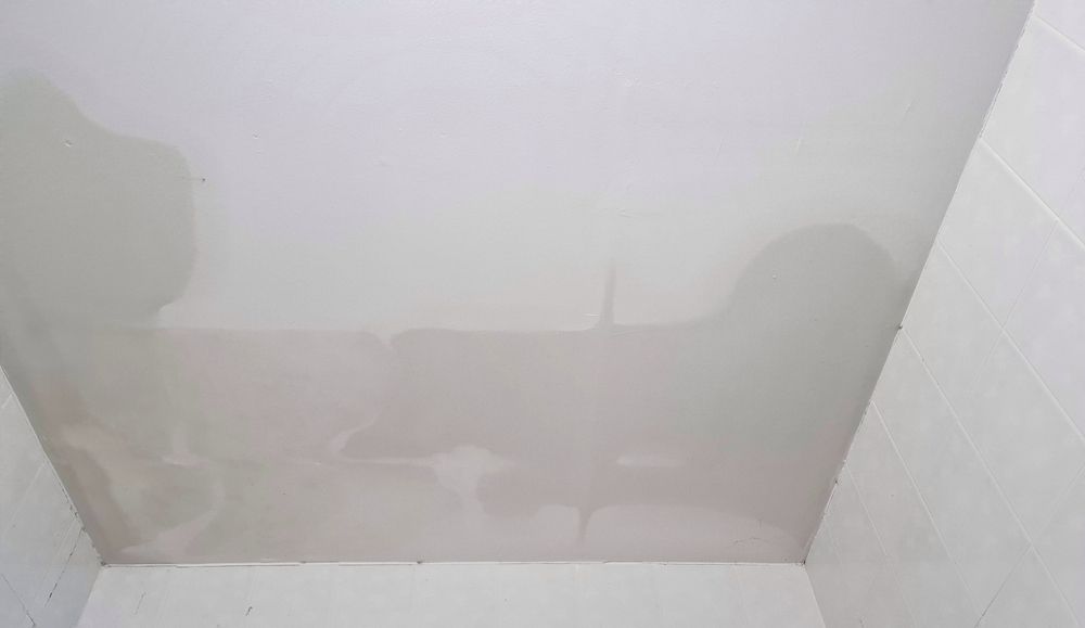 Patchy water stains on a white ceiling and wall corner, showing moisture damage.