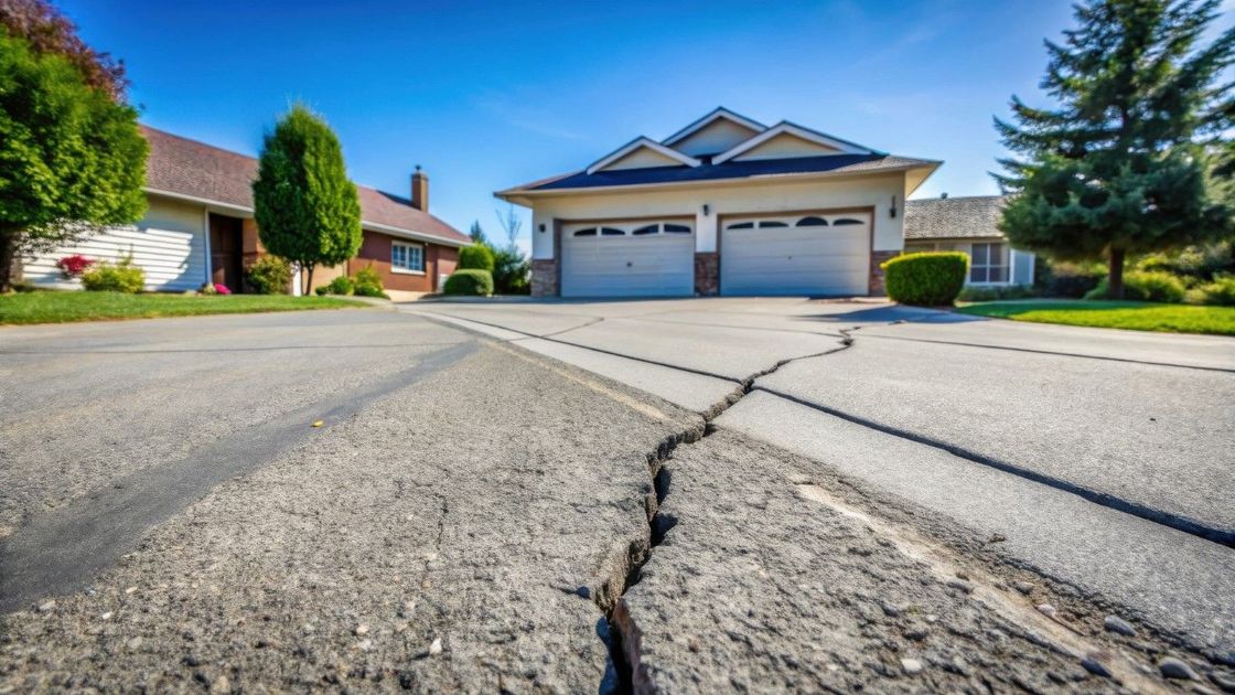 Cracked asphalt driveway in front of a two-car garage of a house on a sunny day.