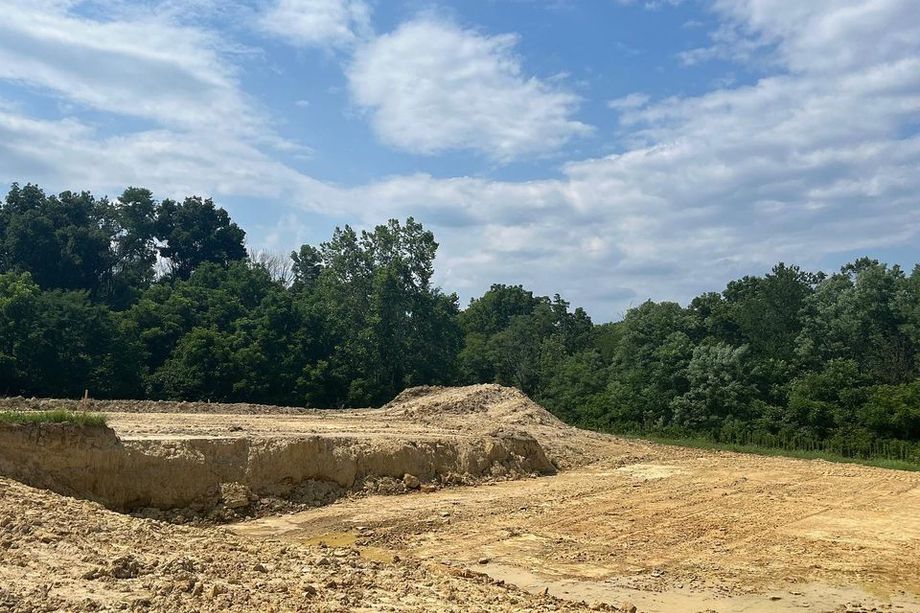 a dirt field with trees in the background on a sunny day