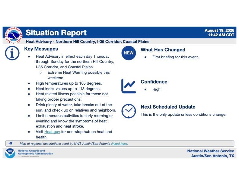Blue weather alert report map with storm track details, confidence, and next scheduled update.