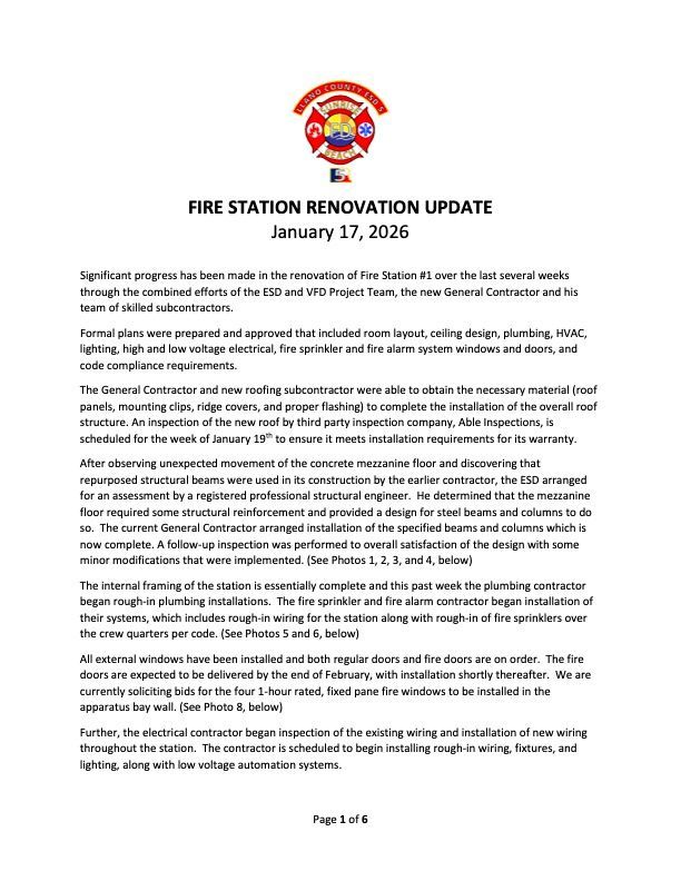 Fire Station Renovation Update document, dated January 17, 2026, with construction progress details.