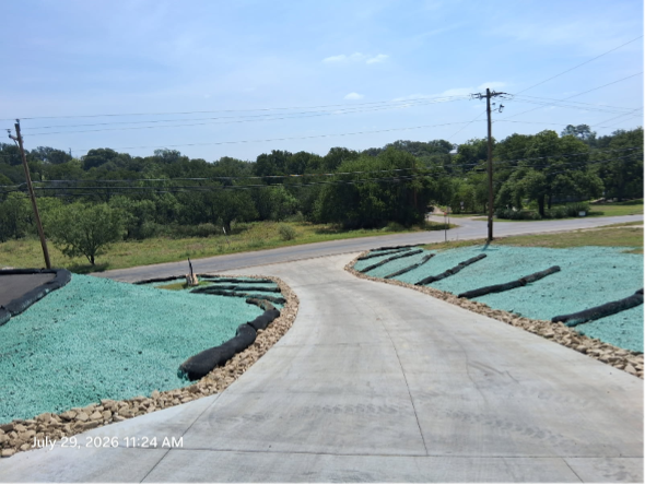 Paved road descending through a landscaped residential area with green mulch, trees, and a utility pole under blue sky