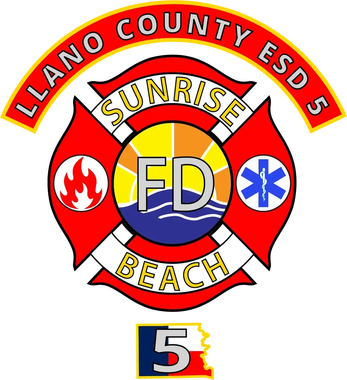 Llano County ESD 5 Sunrise Beach Fire Department logo. A Maltese cross with text, fire and medical symbols.