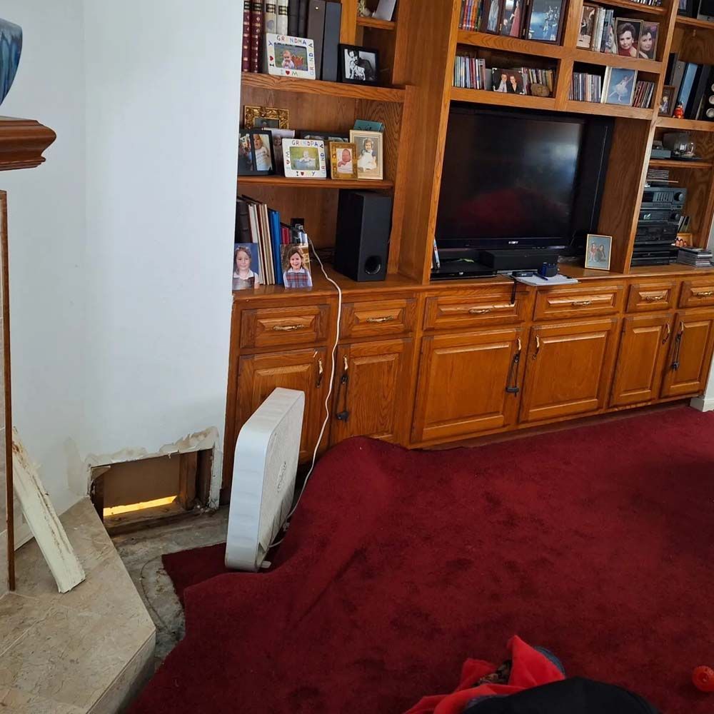 Living room with wooden entertainment center, TV, red carpet, and fireplace on the left