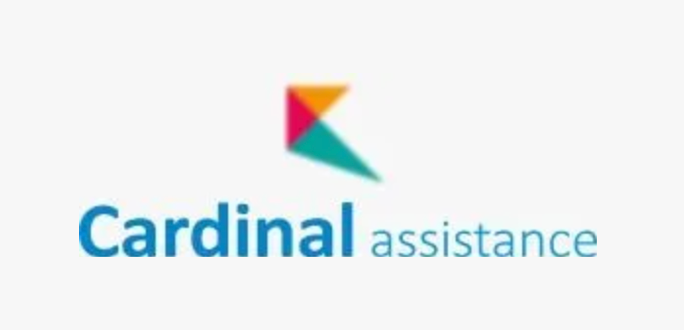 Logotipo de asistencia de Cardinal con texto azul e icono de pájaro geométrico multicolor