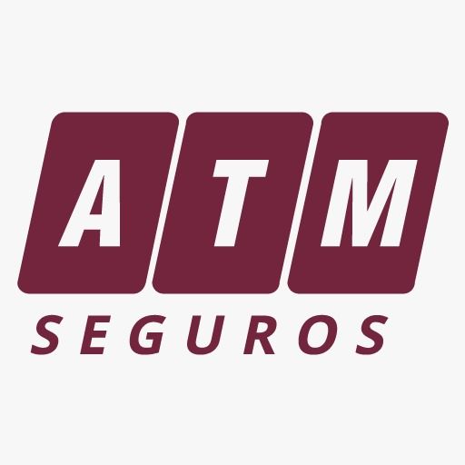 Logotipo de ATM Seguros en color burdeos con letras blancas estilizadas sobre un fondo claro.