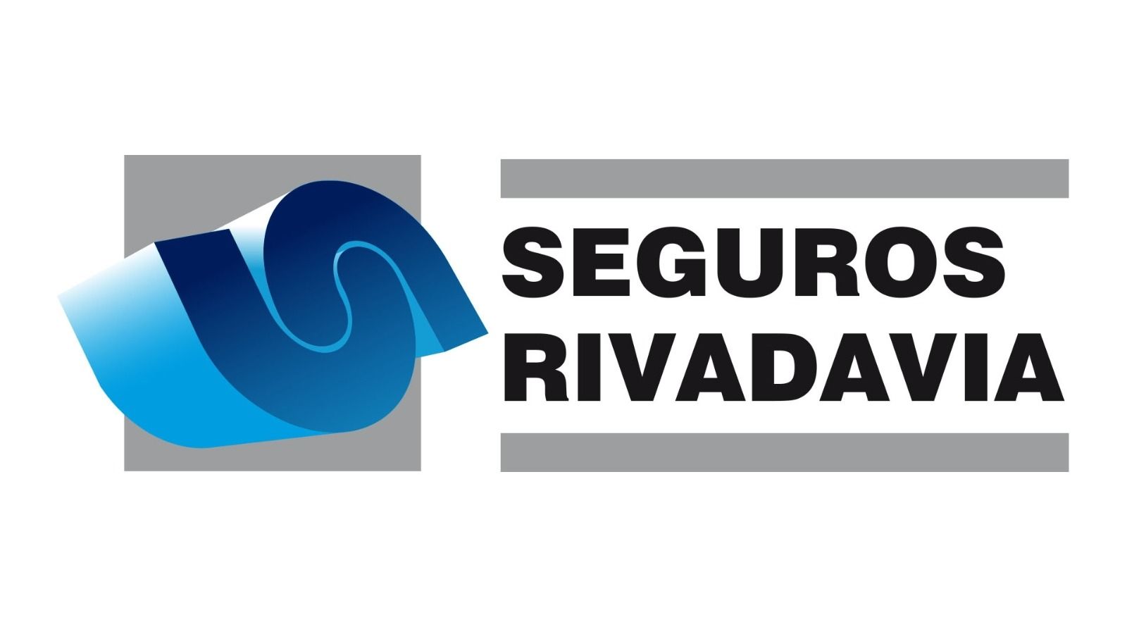 Logotipo de Seguros Rivadavia con icono abstracto azul y texto negro sobre fondo blanco.