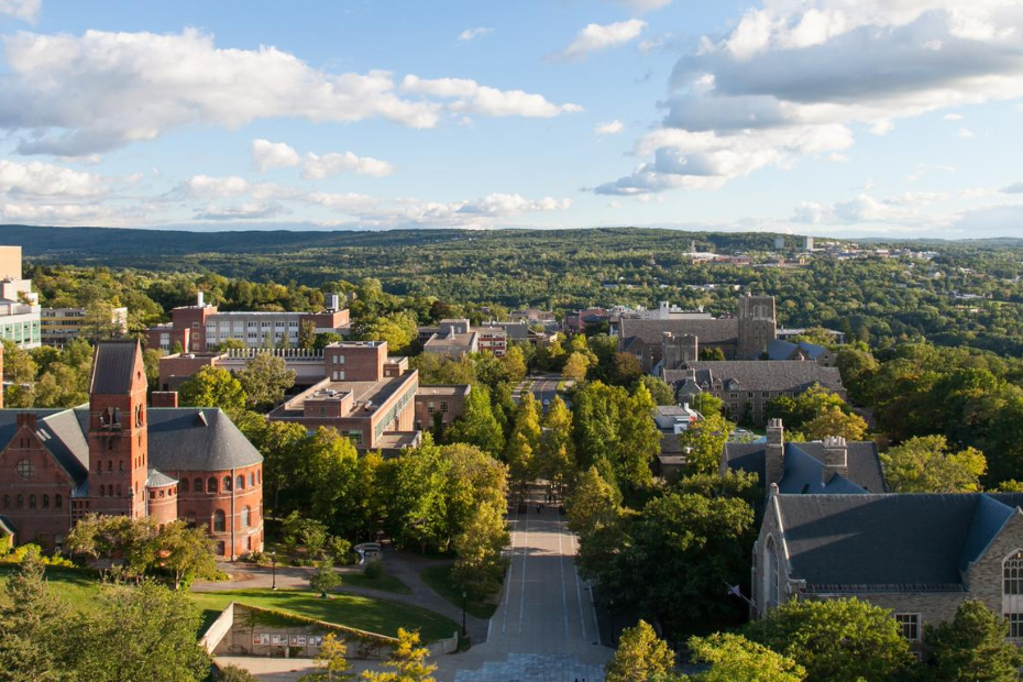 Aerial view of Cornell University campus on a sunny day, with brick buildings, green trees, and a blue sky.
