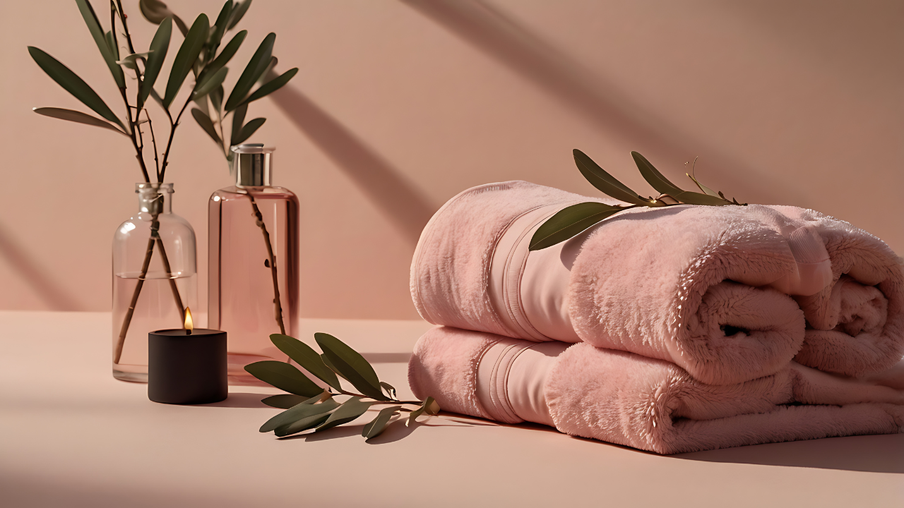 Pink towels, skincare products, and candle on a pink surface with shadows, suggesting a spa or relaxation scene.