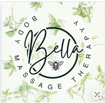Bella massage therapy logo with bee icon, black script on white with green leaves