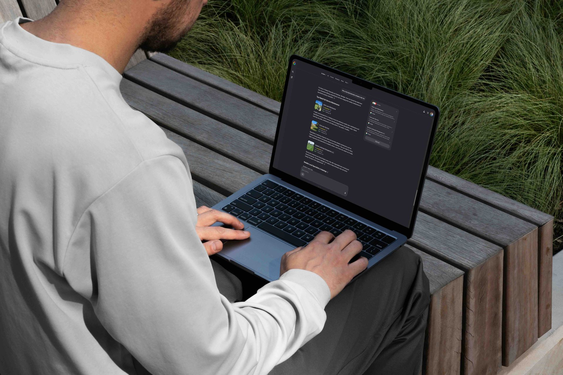 Person using a laptop on an outdoor bench beside greenery