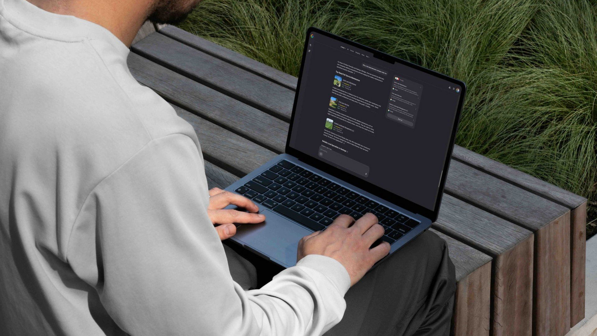 Person using a laptop on a wooden bench beside greenery outdoors