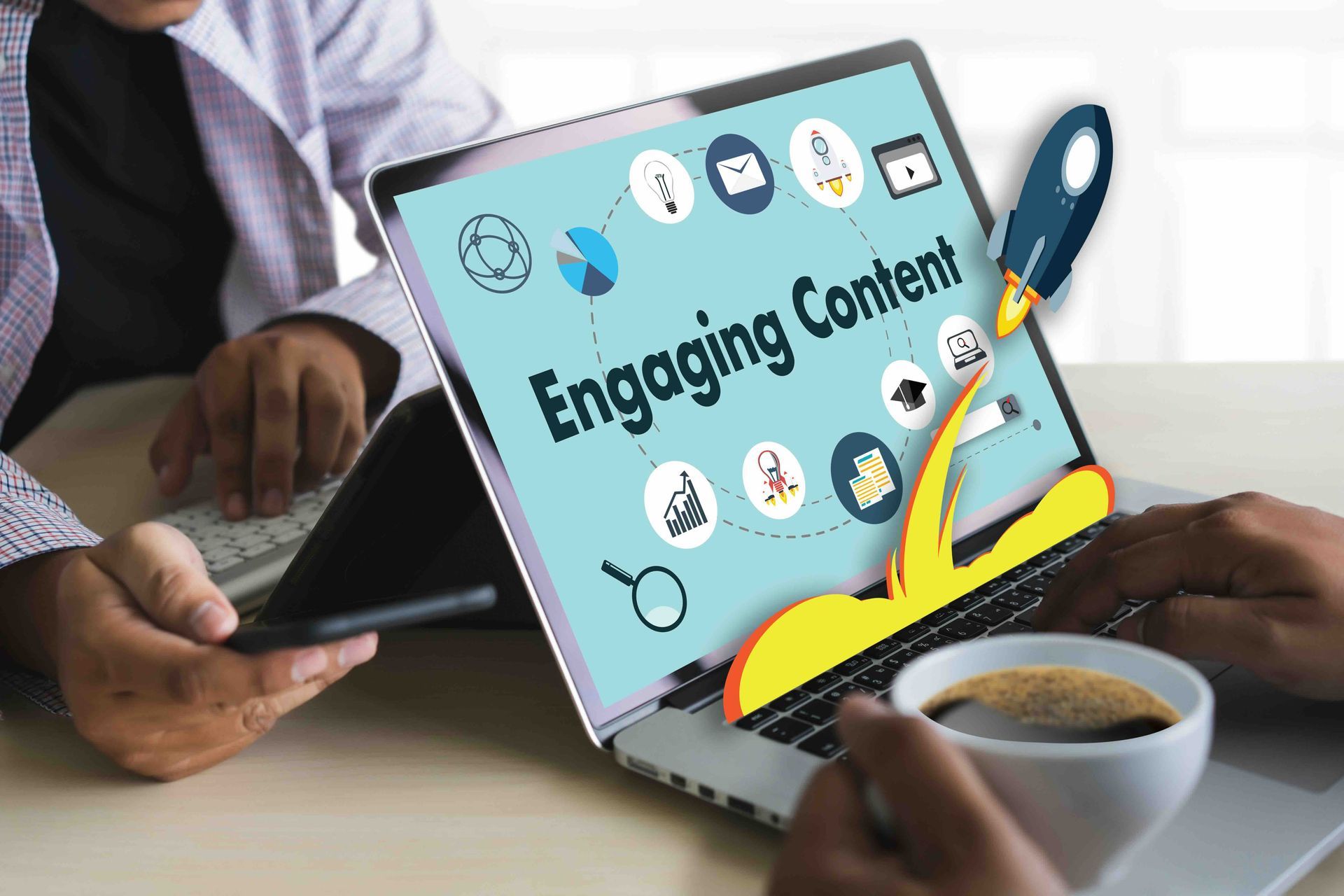 A person is using a laptop computer with the words engaging content on the screen.