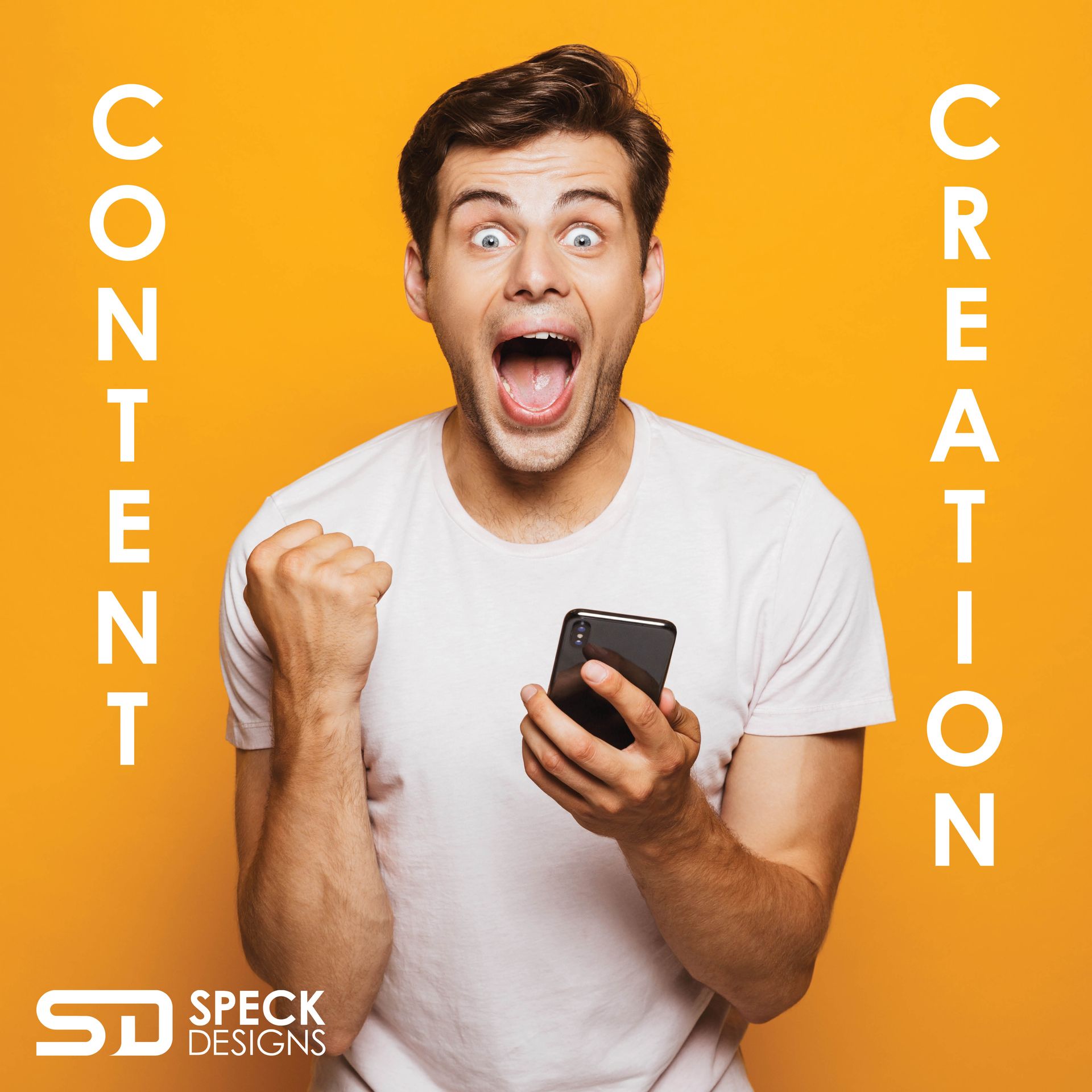 a man is holding a cell phone with his fist in the air in excitement.