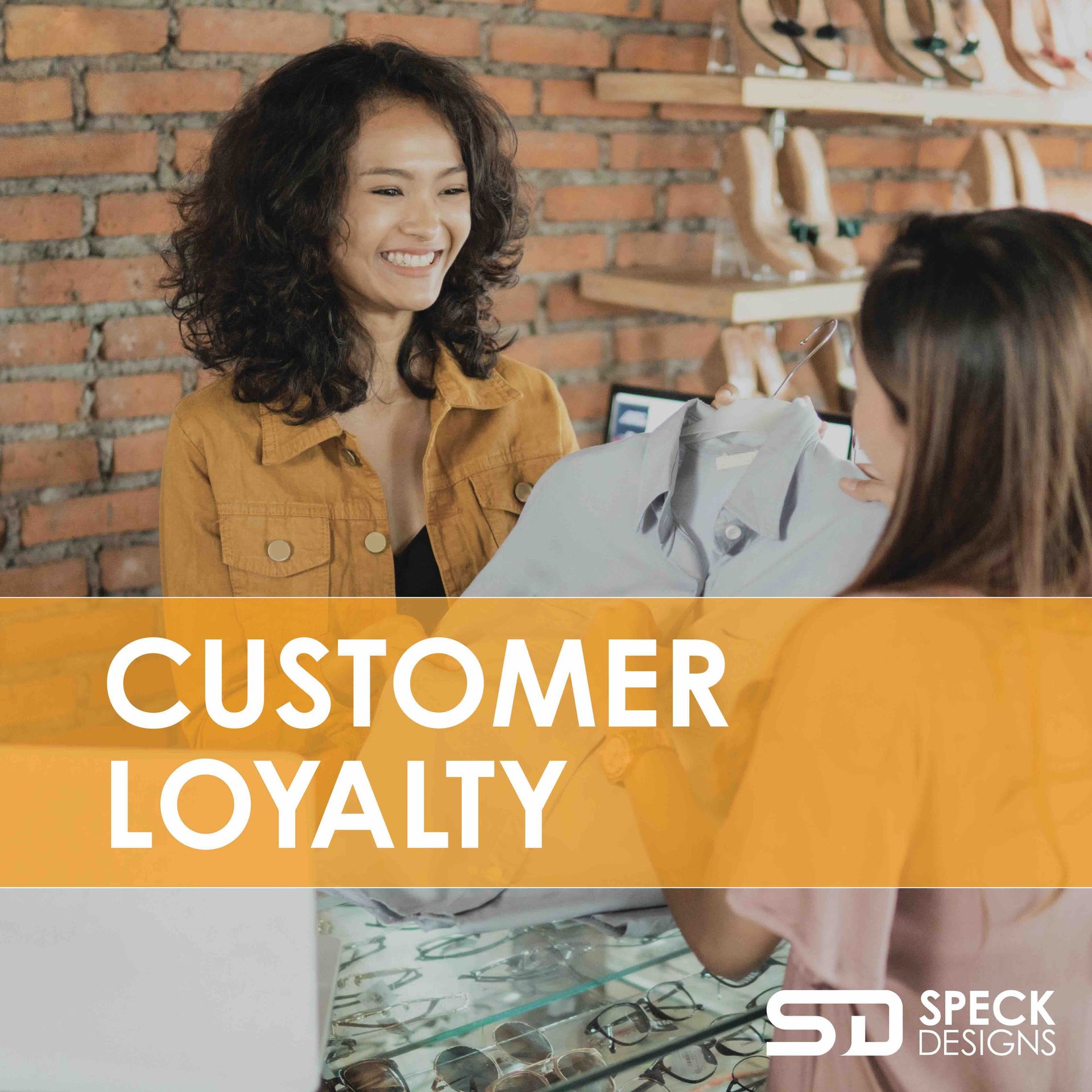 a woman is talking to another woman in a store about customer loyalty.