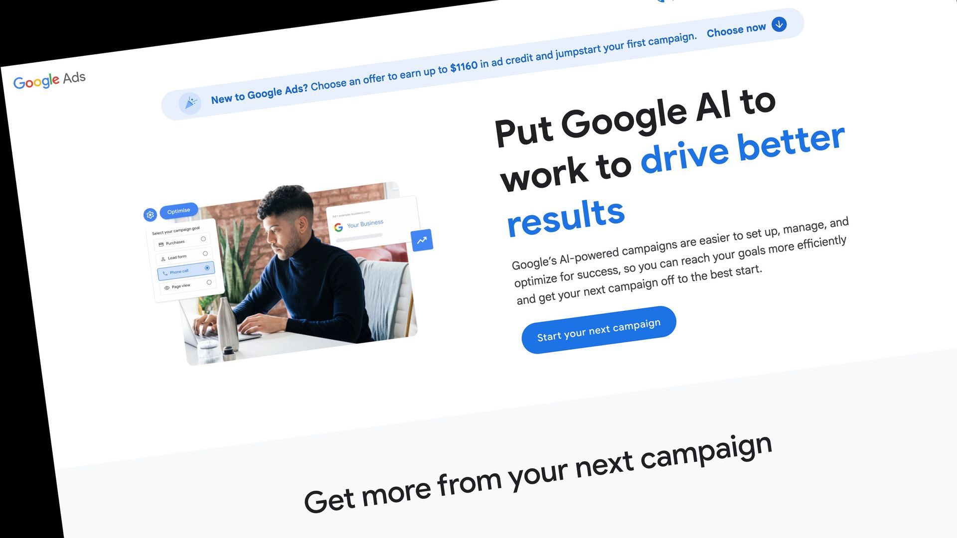 Google Ads webpage promoting AI to improve ad results. Features a man working and blue and white text.