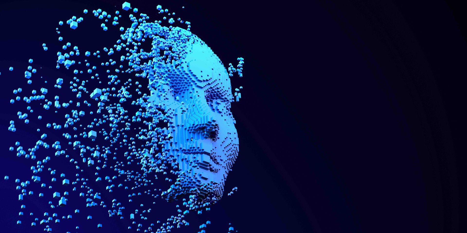 A computer-generated image of a person's face coming out of a sphere.