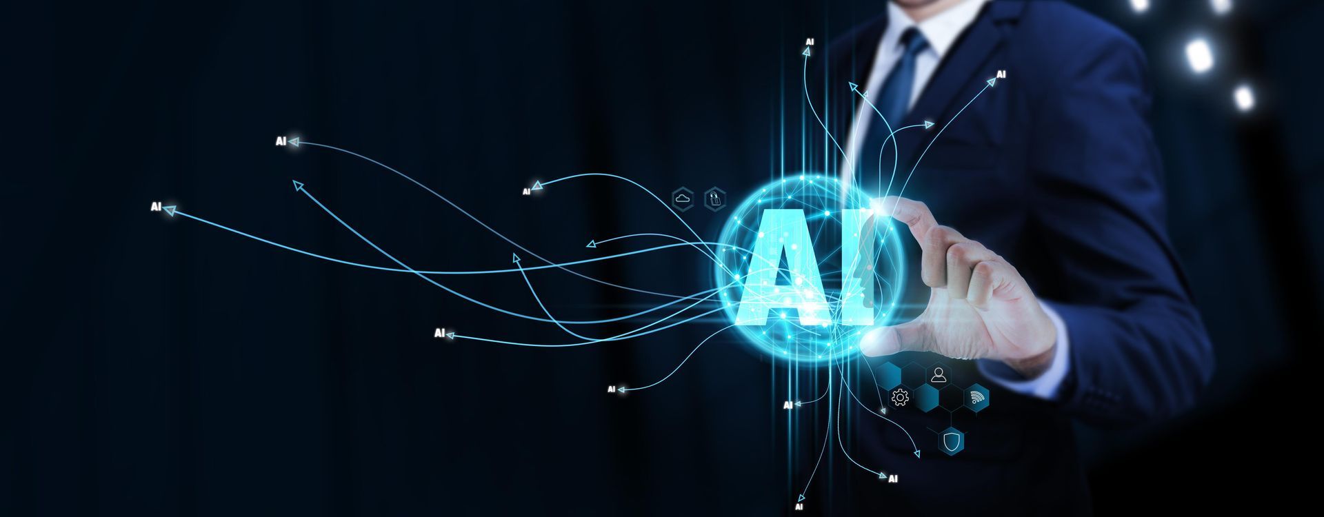 Person in suit holding glowing AI sphere with connecting lines.