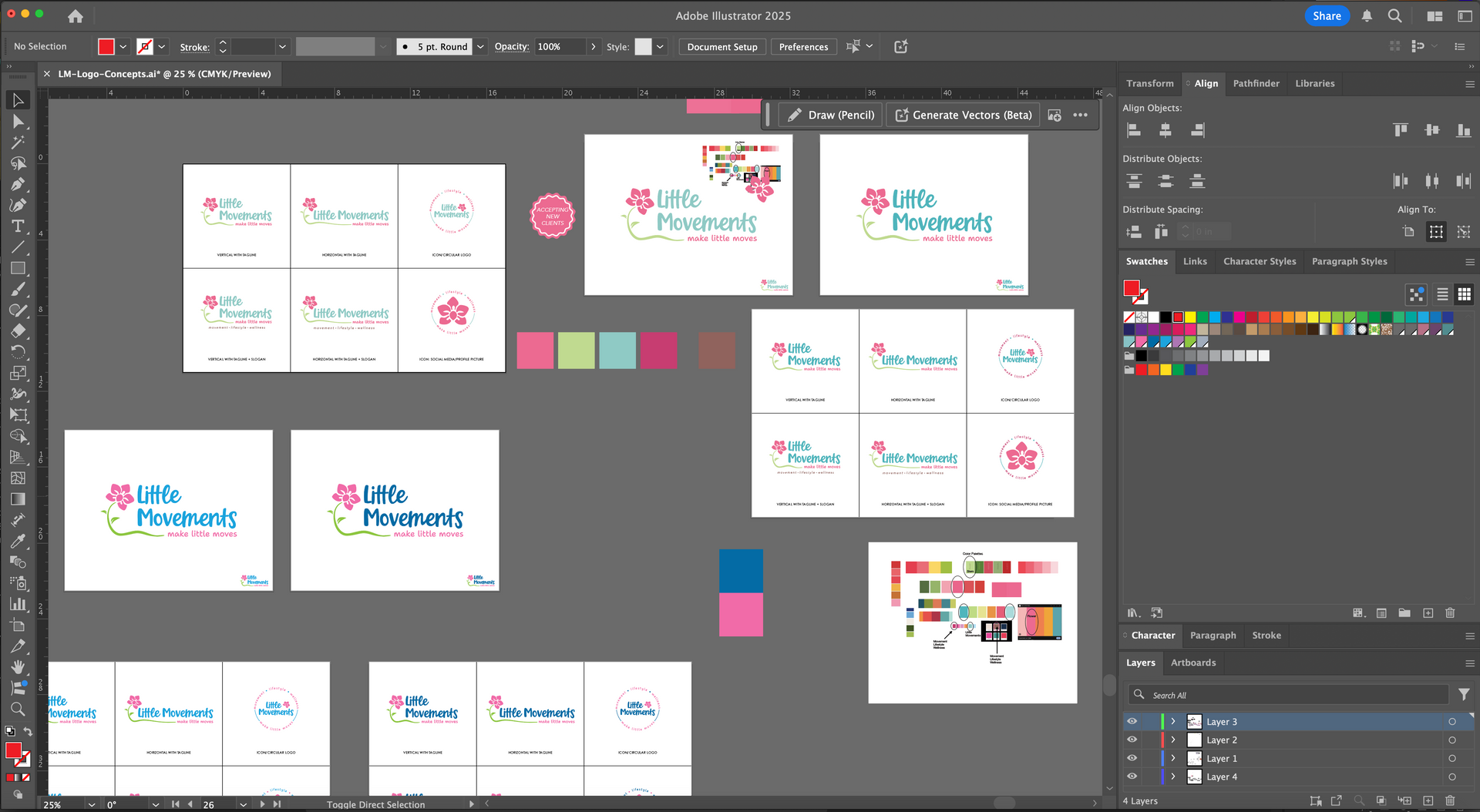 Graphic design workspace showing multiple colorful logo and branding mockups on a dark canvas