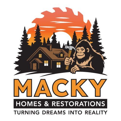 MACKY homes and restorations logo with house, forest, orange sunset, and gorilla mascot
