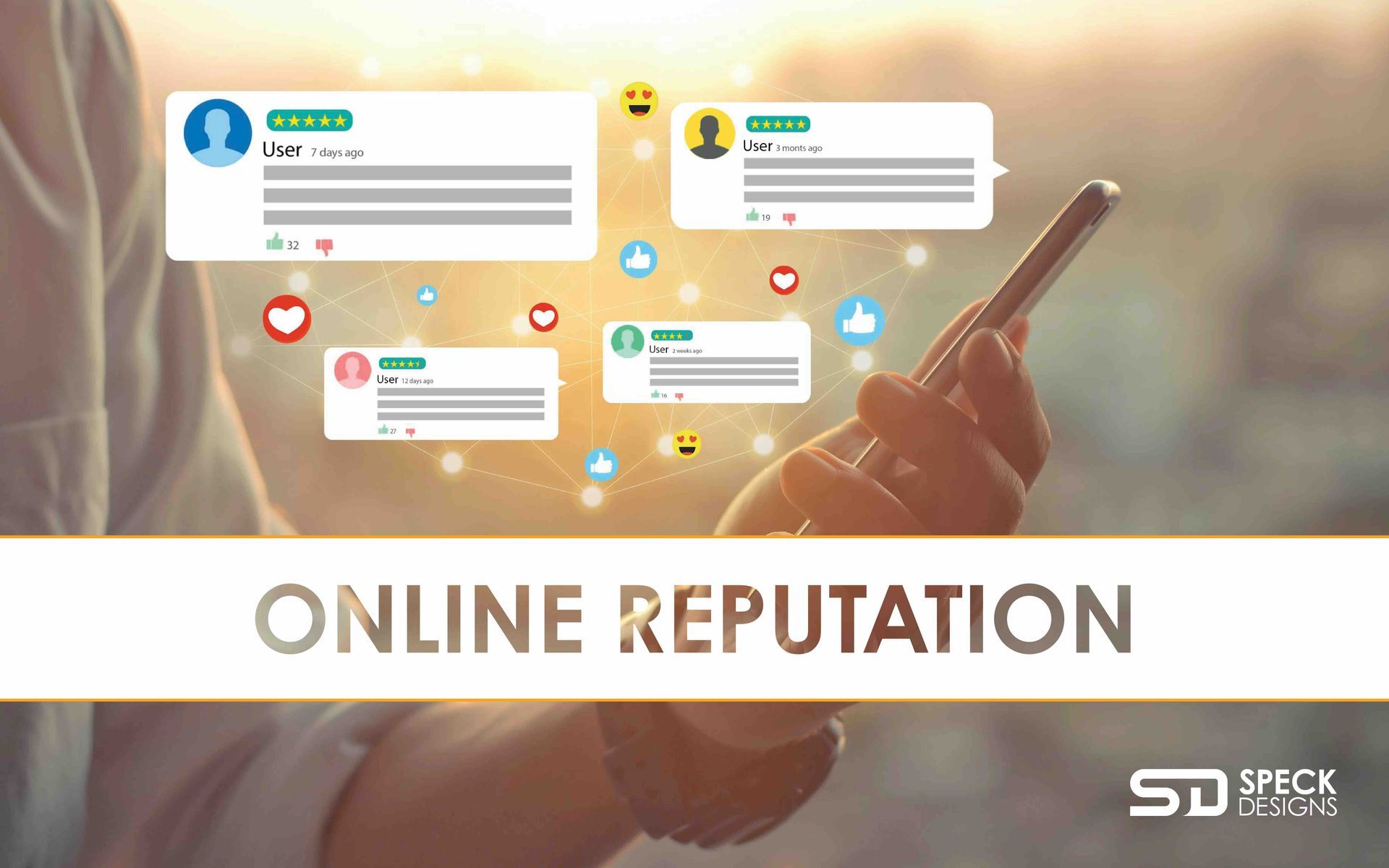 A person is holding a cell phone in their hand with online comments, reviews, and emojis showing as conversations.