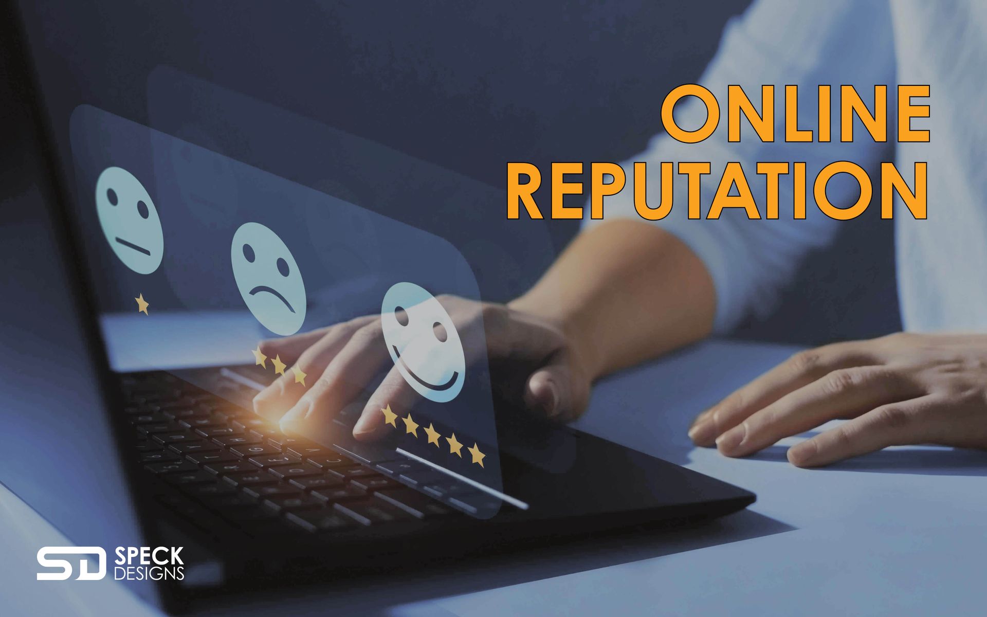 A person is typing on a laptop with smiley faces on the screen.