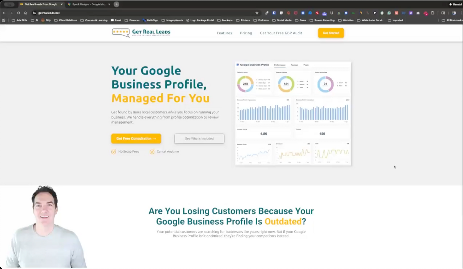 Man on a website, promoting Google Business Profile management. Website with charts and text.