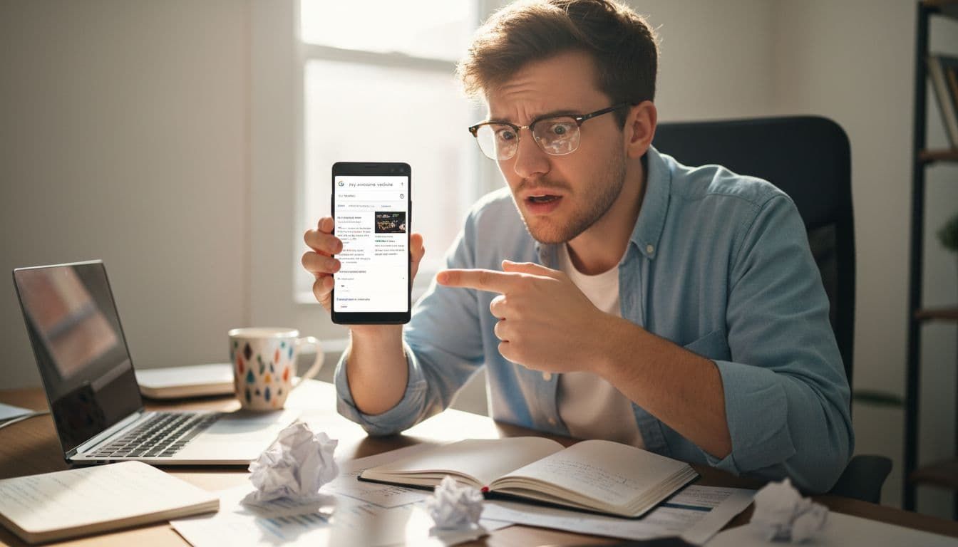 A person at a desk with a laptop points at their phone screen with a confused, frustrated expression.