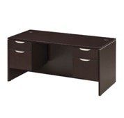 Brown office desk with drawers and a dark surface.