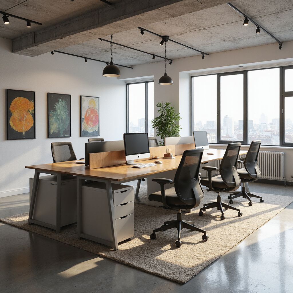 A conference room with a large table and blue chairs. A TV screen and plant are visible.