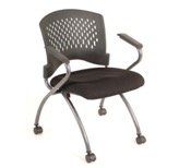 Black office chair with perforated back, armrests, and wheels.